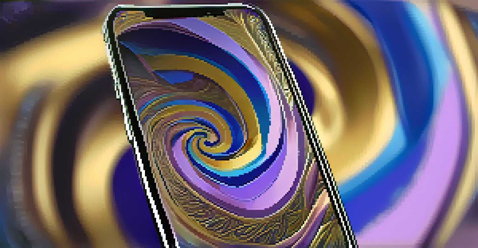 A smartphone displaying a colorful abstract NFT artwork, with a blurred background emphasizing the phone.