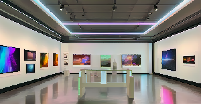 A digital art gallery with various NFT artworks being displayed on virtual screens, featuring abstract designs and illustrations.