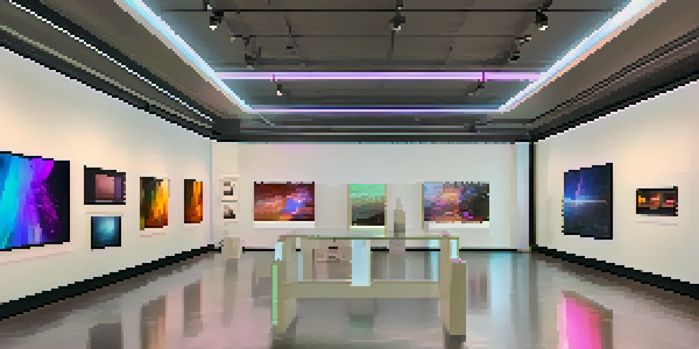 A digital art gallery with various NFT artworks being displayed on virtual screens, featuring abstract designs and illustrations.