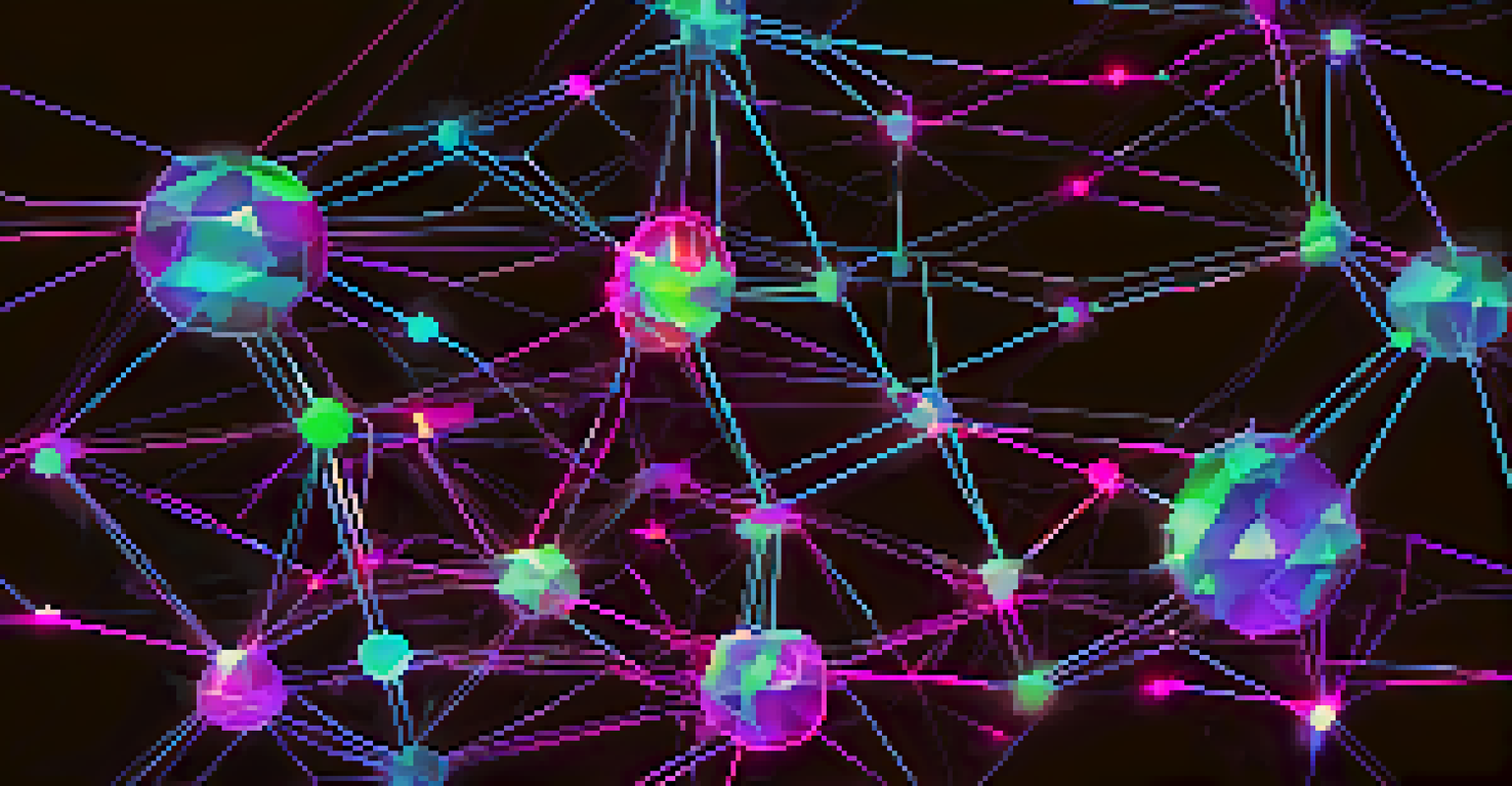 An abstract depiction of a blockchain network with glowing nodes and interconnected lines.