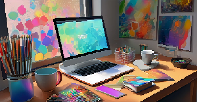 A digital artist's workspace with a computer displaying NFTs, a sketchbook, digital tablet, and a cup of coffee, all under soft lighting.