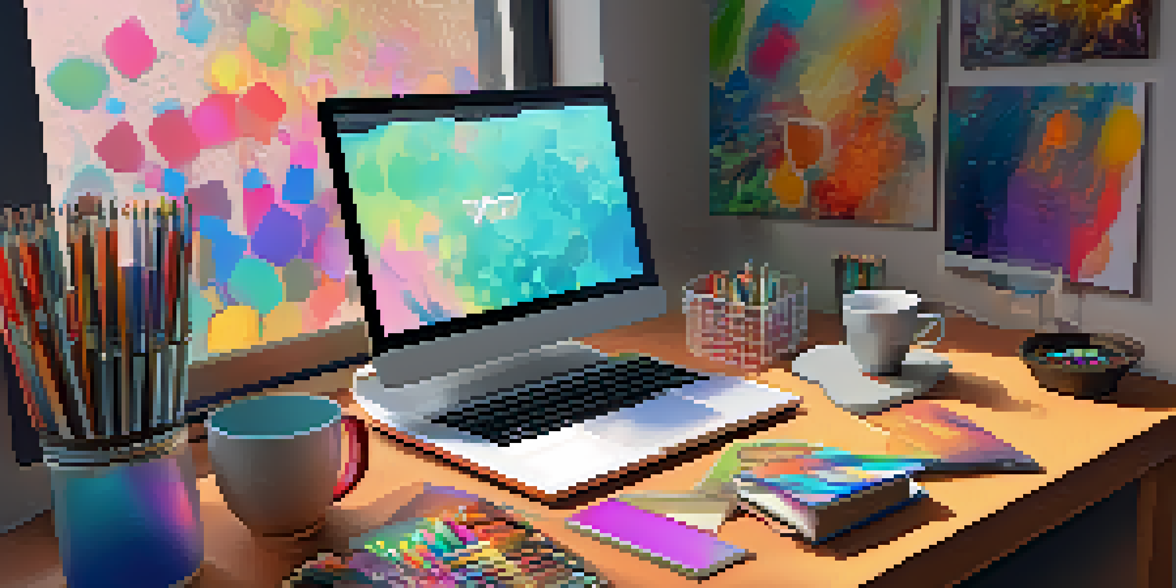 A digital artist's workspace with a computer displaying NFTs, a sketchbook, digital tablet, and a cup of coffee, all under soft lighting.