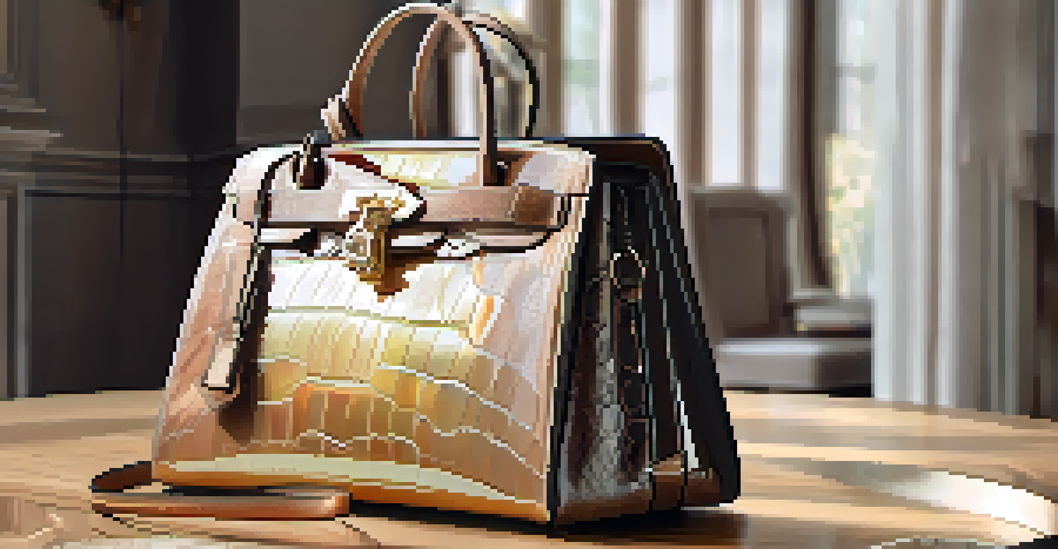 A luxury handbag with an NFT tag displayed on a table, showcasing its authenticity and craftsmanship.