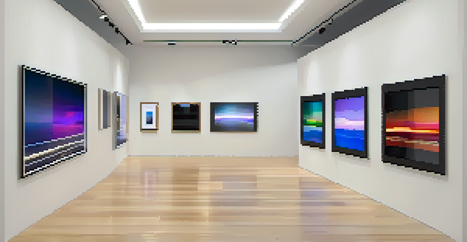 A modern virtual gallery showcasing NFT artworks on digital screens with minimalist design and soft lighting.