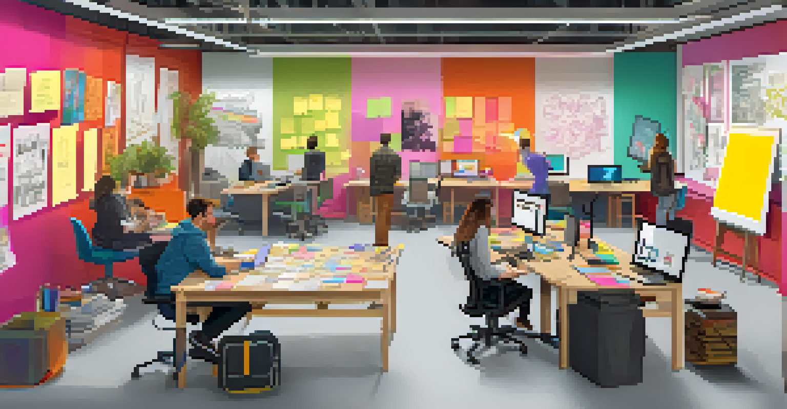 A collaborative workspace with artists and technologists discussing sketches and digital art, surrounded by colorful supplies and notes.
