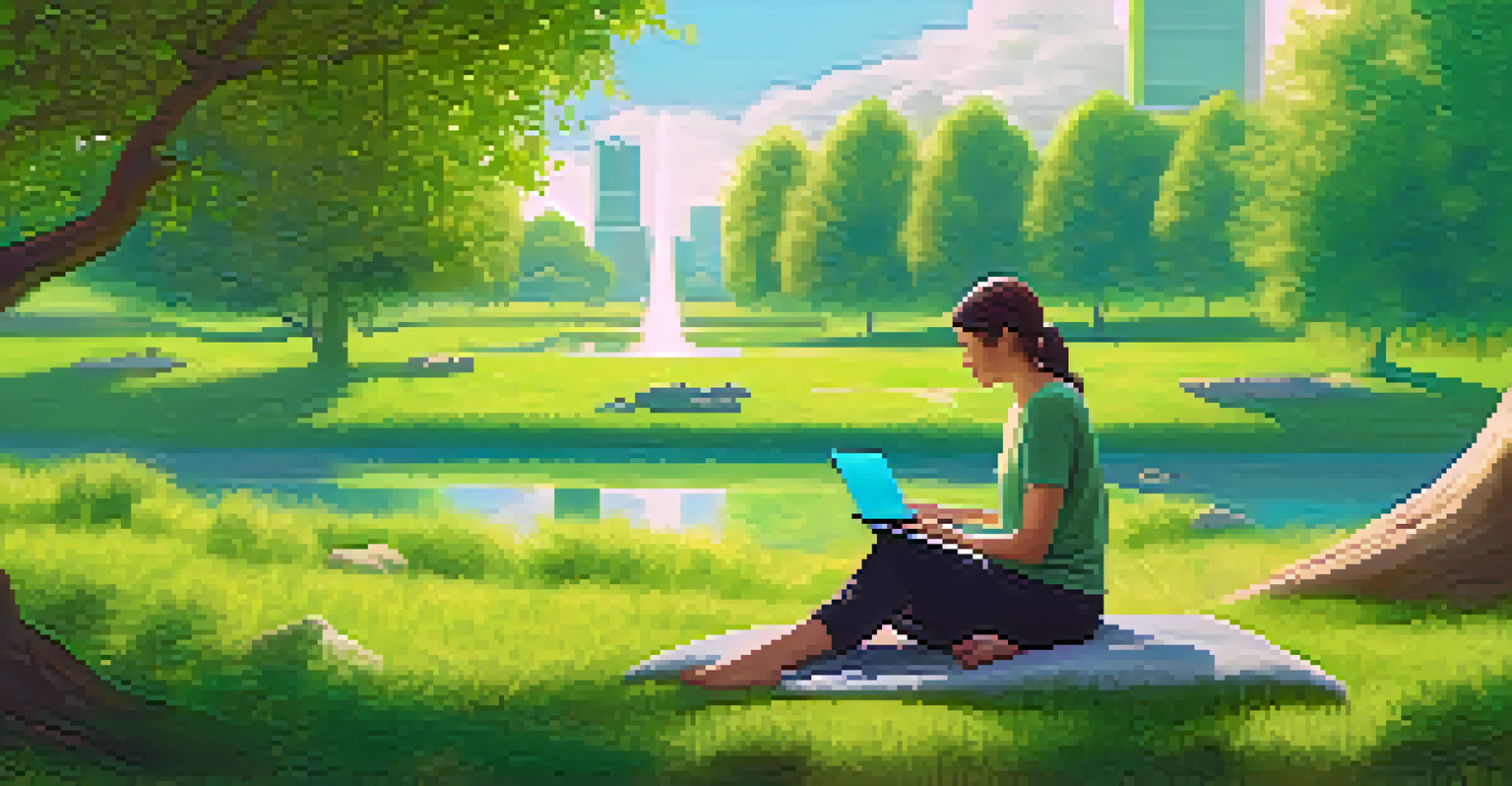 A person in a green park interacting with a digital device that displays their NFT portfolio, surrounded by trees and a clear blue sky, symbolizing sustainability.