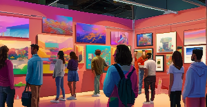 A lively digital art marketplace with artists showing their NFTs and collectors admiring the artwork in a colorful setting.