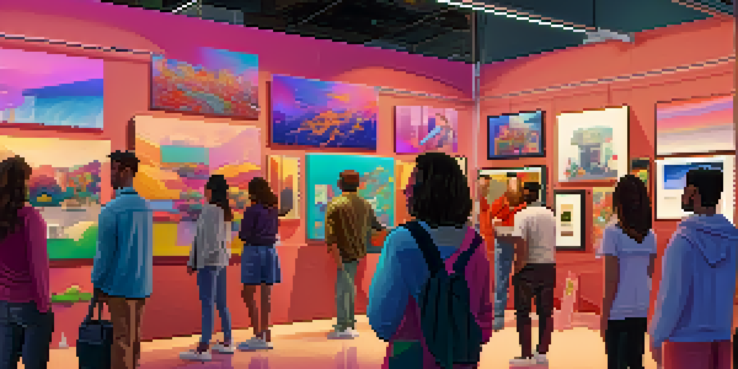 A lively digital art marketplace with artists showing their NFTs and collectors admiring the artwork in a colorful setting.