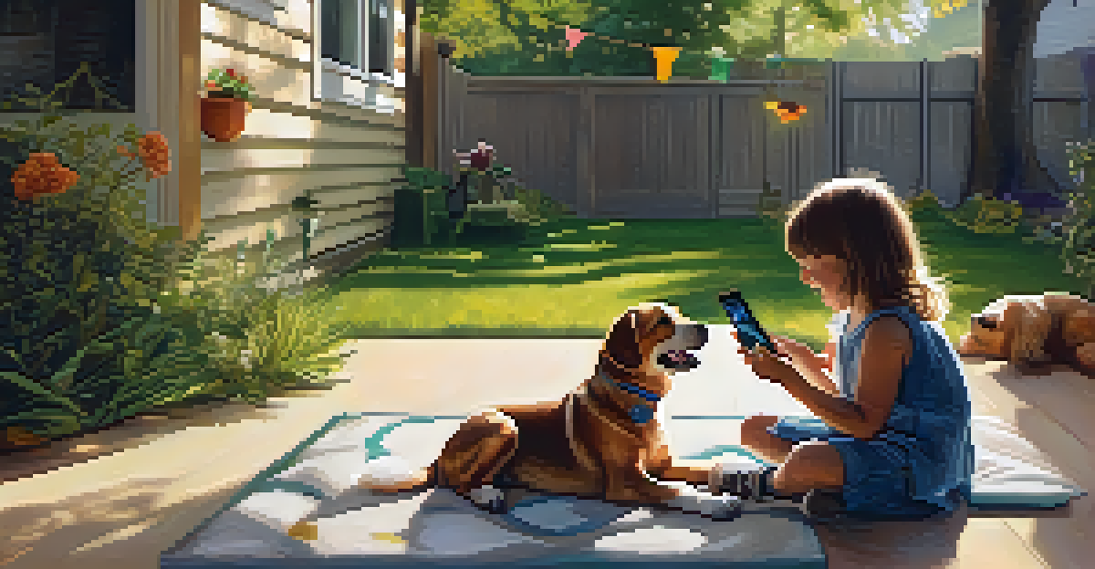 A child in a backyard reaching out to a virtual pet visible on a smartphone screen, with sunlight filtering through trees.