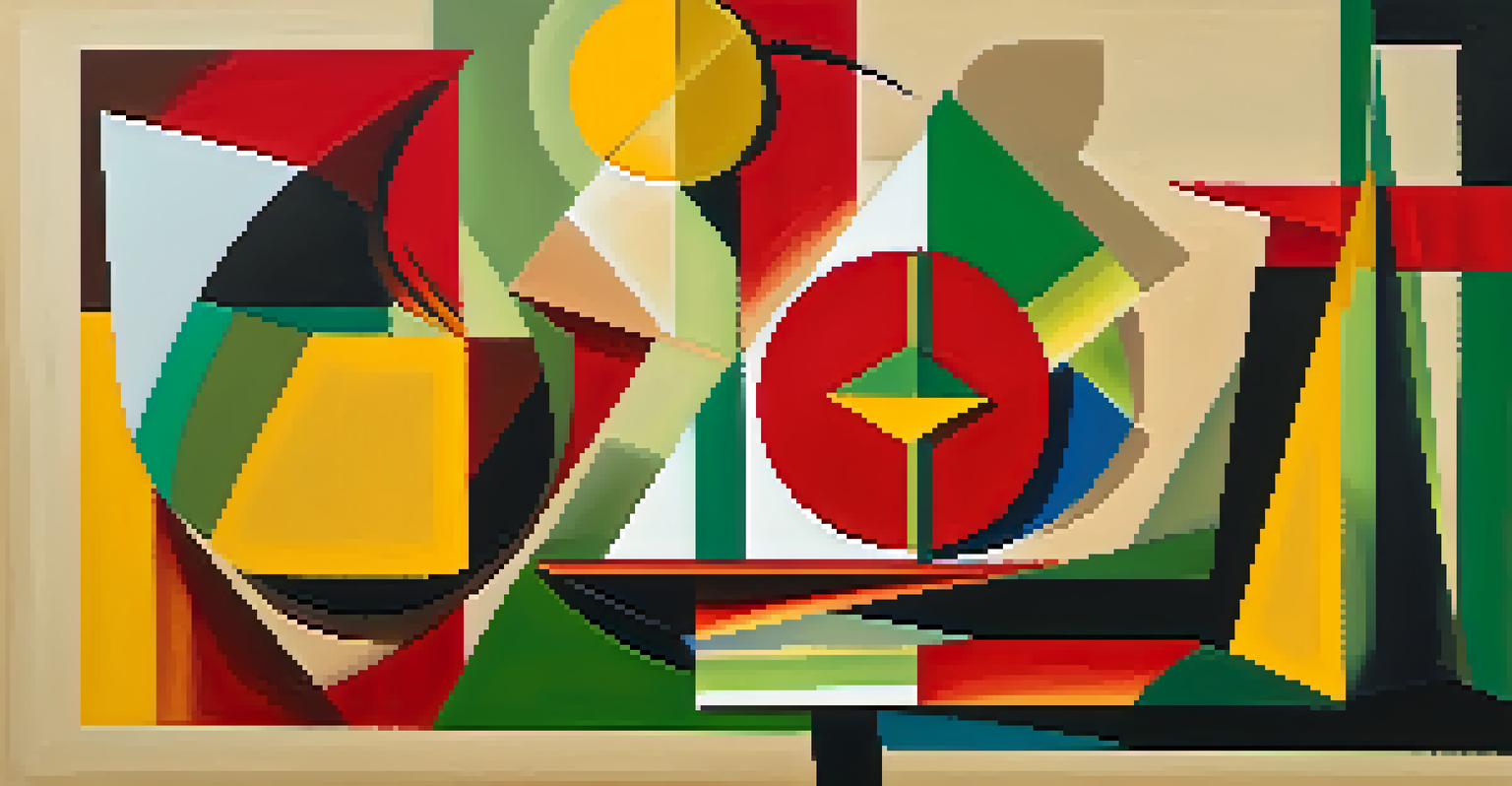 An abstract still life artwork with geometric shapes and bright colors, inspired by Cubism.