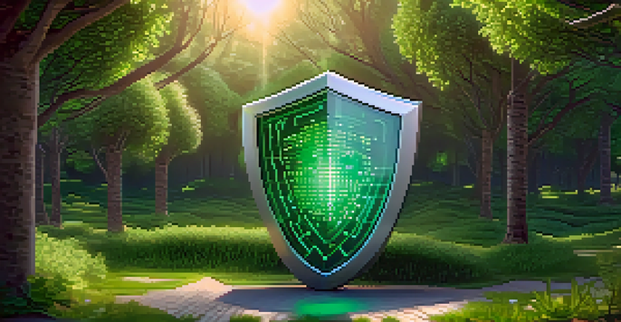 A glowing shield made of binary code sits in a lush green landscape, surrounded by holographic icons representing user rights, with soft sunlight filtering through the trees.