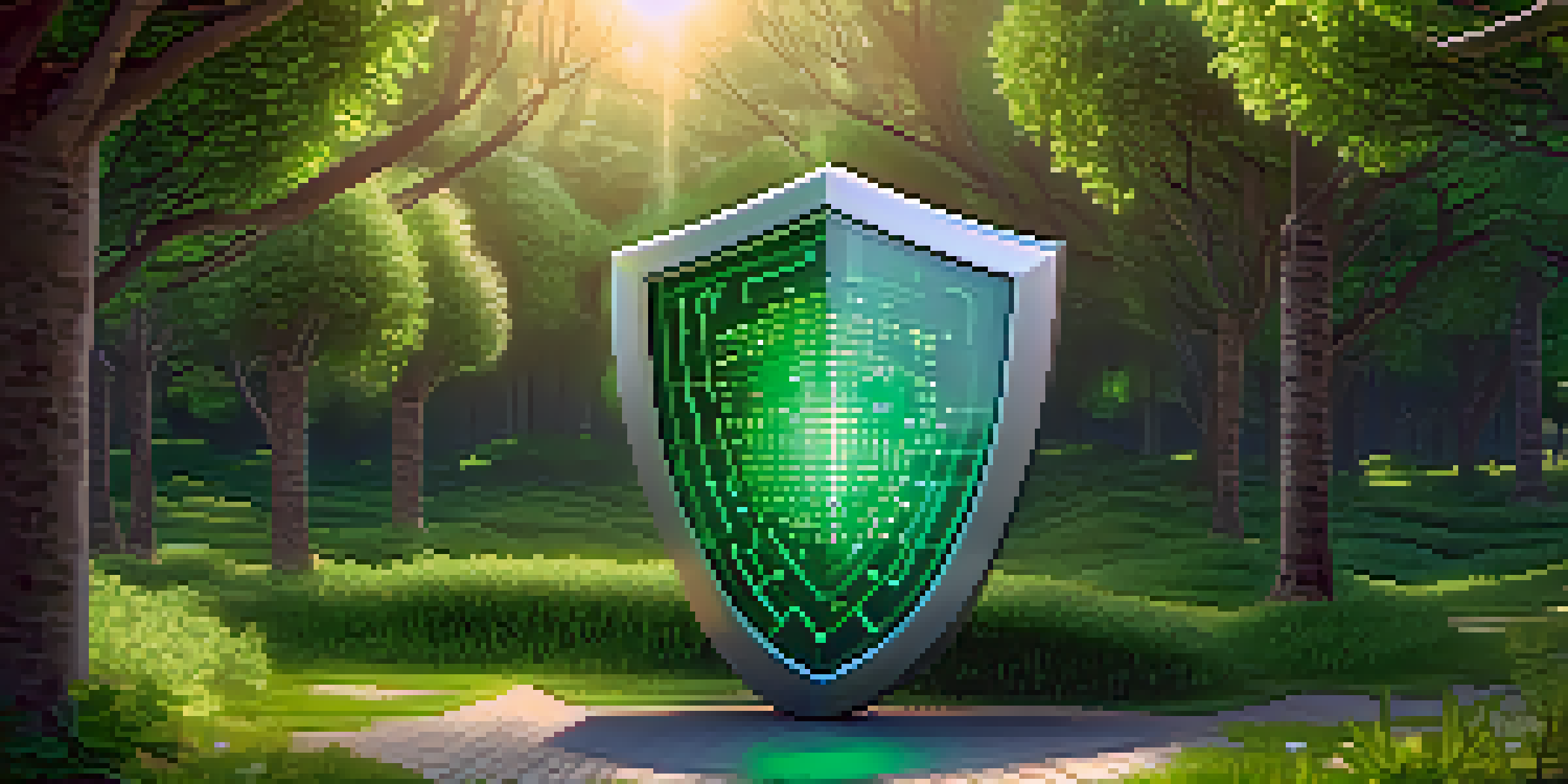 A glowing shield made of binary code sits in a lush green landscape, surrounded by holographic icons representing user rights, with soft sunlight filtering through the trees.