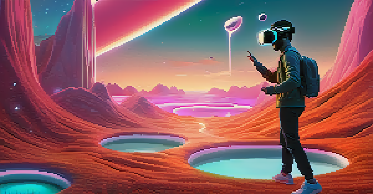 A character in a VR world reaching for a floating NFT artwork, surrounded by surreal landscapes and colorful digital elements illuminated by a warm glow.