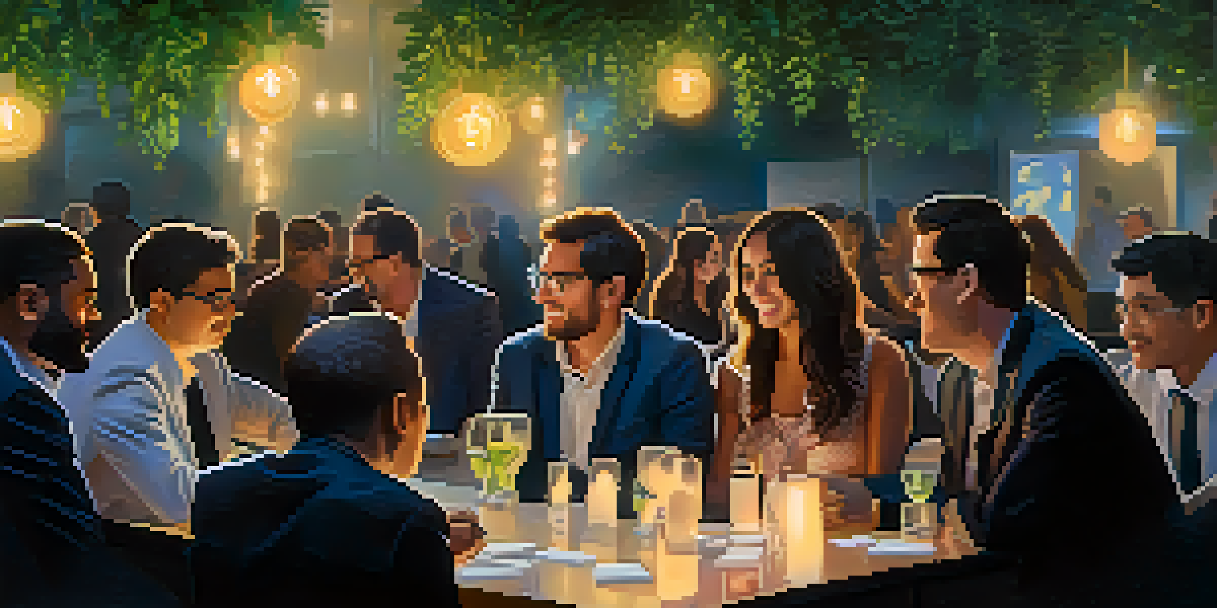 An intimate networking event with attendees showing unique NFT badges and engaging in meaningful discussions.