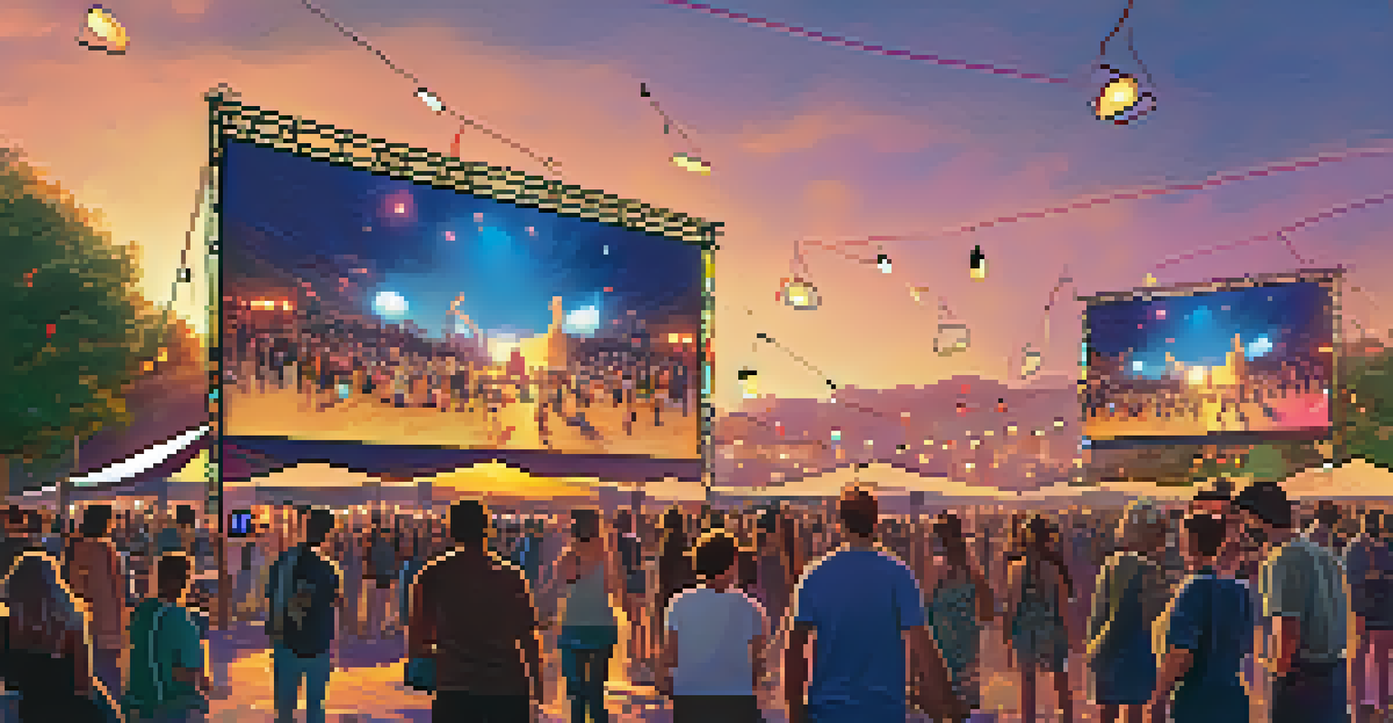 An outdoor festival featuring artists showcasing their NFT creations on screens, with a lively crowd and a beautiful sunset.
