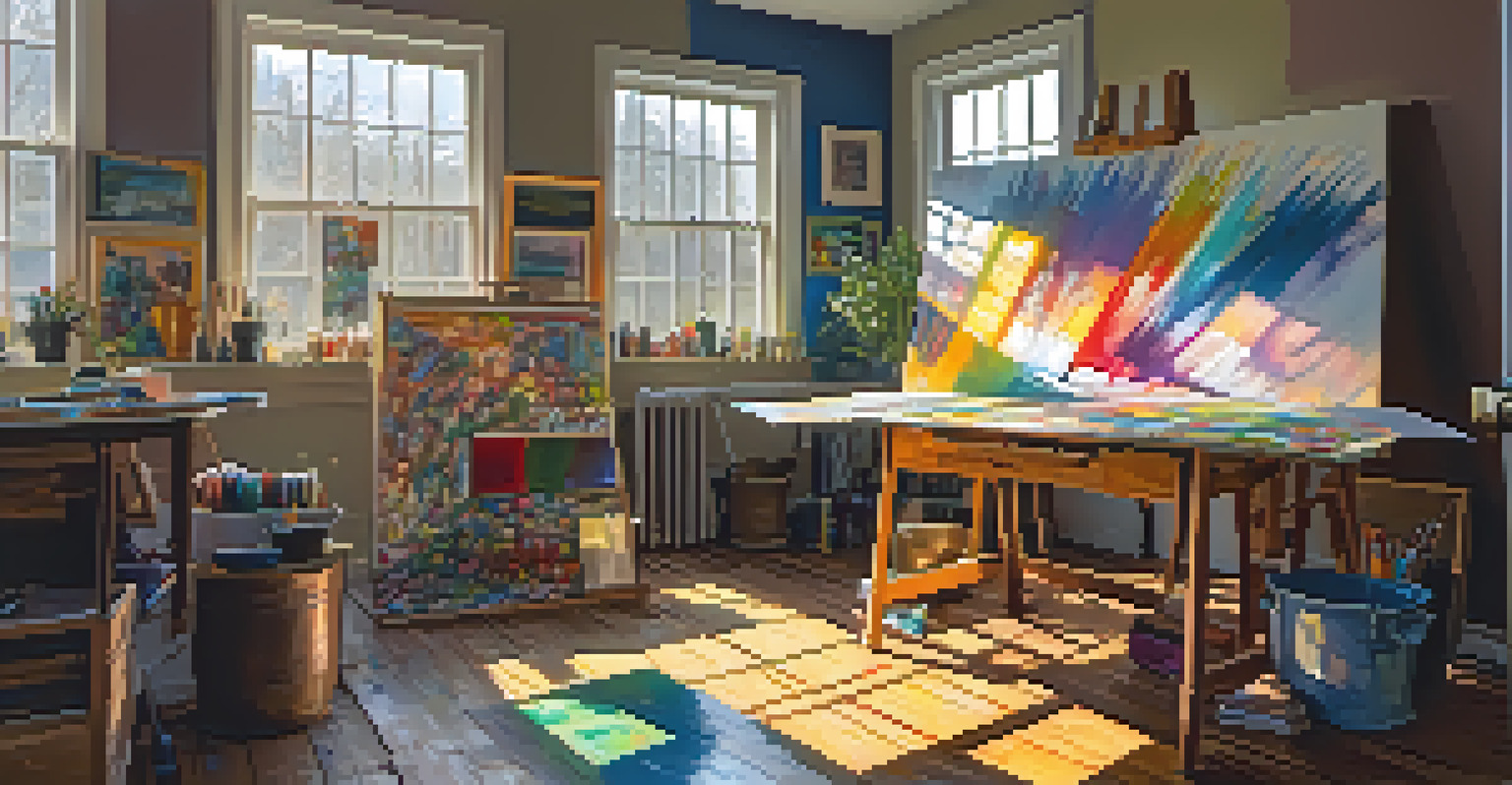 An artist's studio with canvases, art supplies, and sunlight streaming through the window.