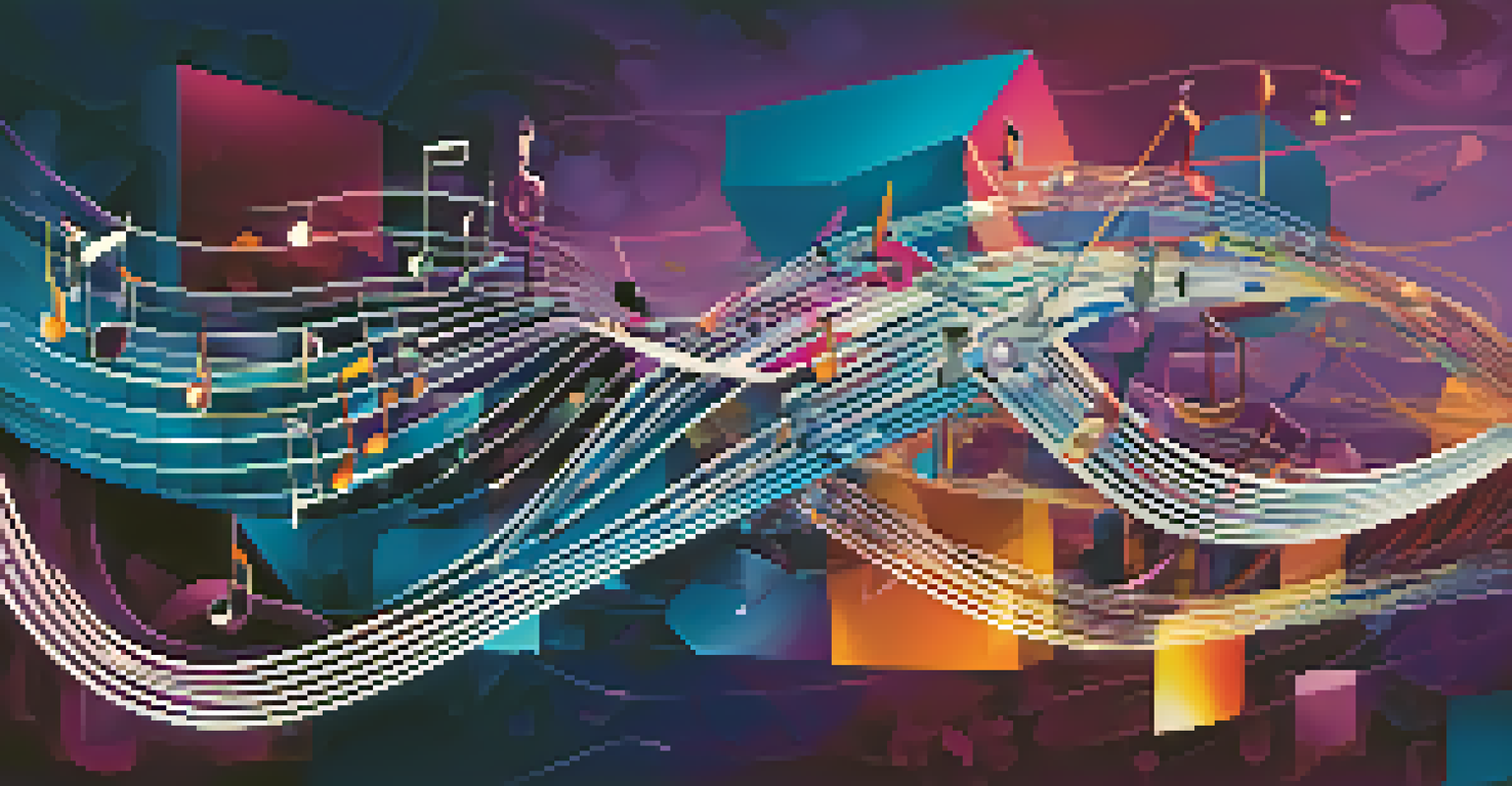 An abstract image depicting digital ownership in music, with floating musical notes and blockchain symbols in vibrant colors against a deep blue and purple background.