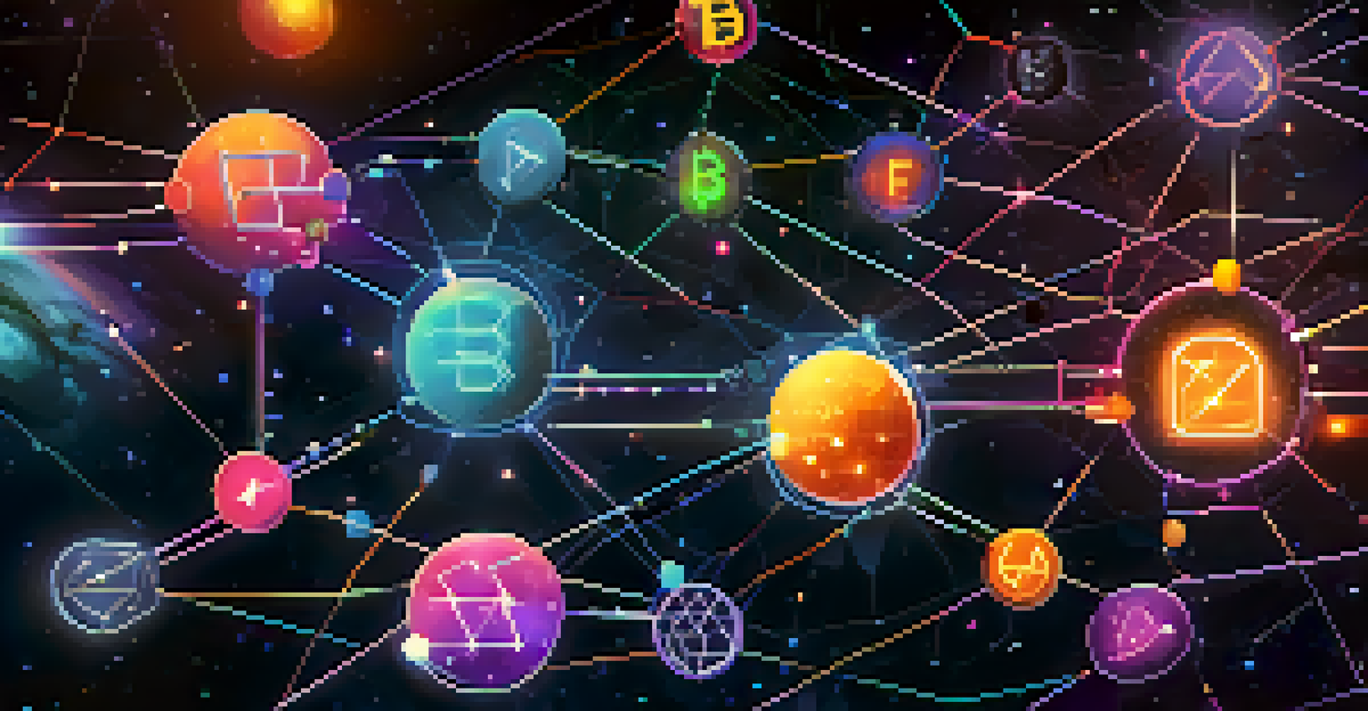 An artistic depiction of a blockchain network with interconnected utility NFTs glowing in vibrant colors against a space backdrop.