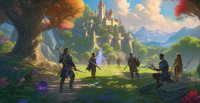 A fantasy RPG scene depicting diverse players exchanging unique NFTs in a magical landscape, with a castle in the background.