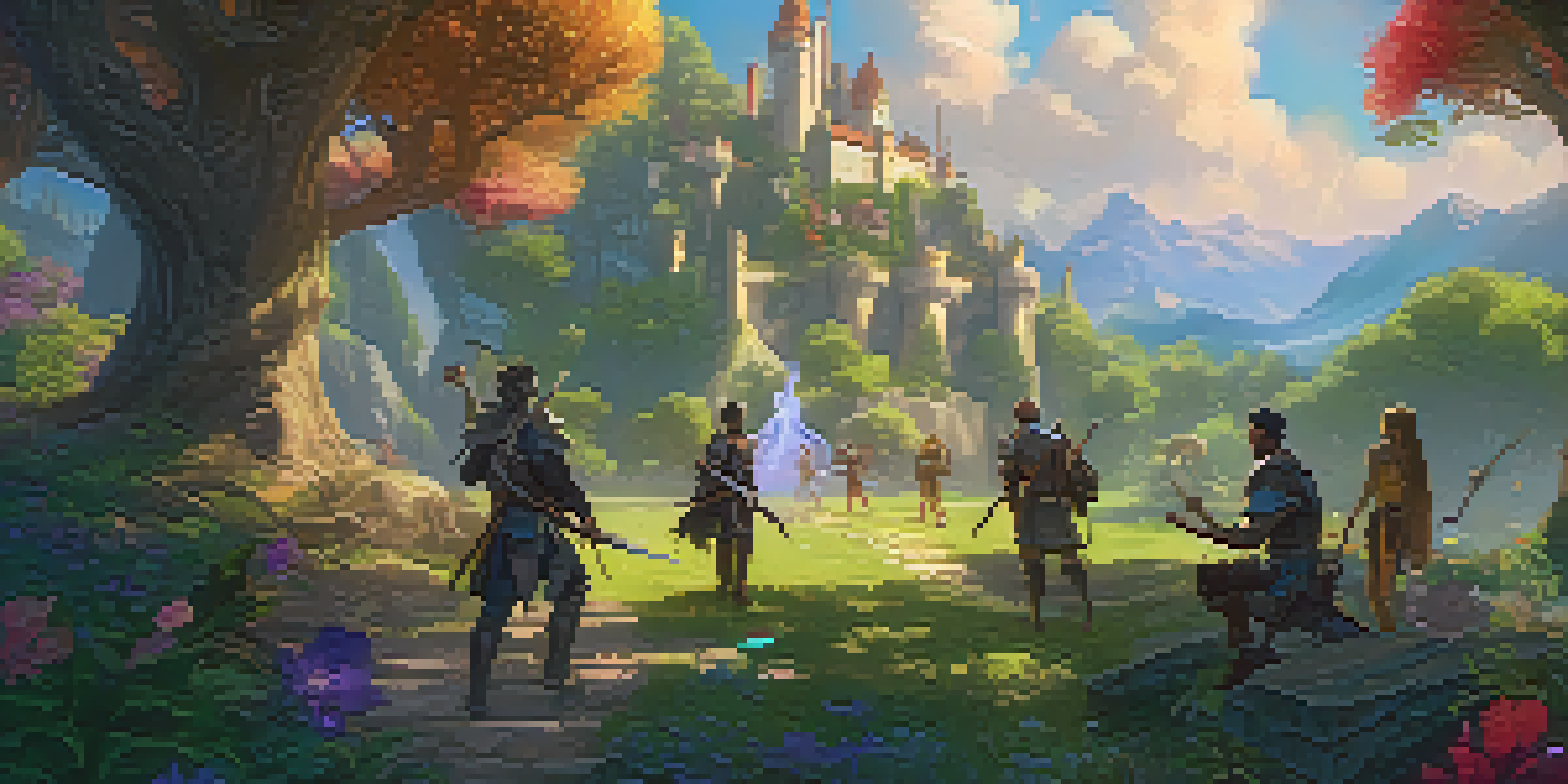 A fantasy RPG scene depicting diverse players exchanging unique NFTs in a magical landscape, with a castle in the background.