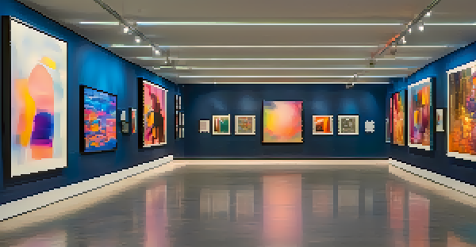 A digital art gallery filled with various NFT artworks illuminated by soft LED lights, with visitors exploring the vibrant displays.