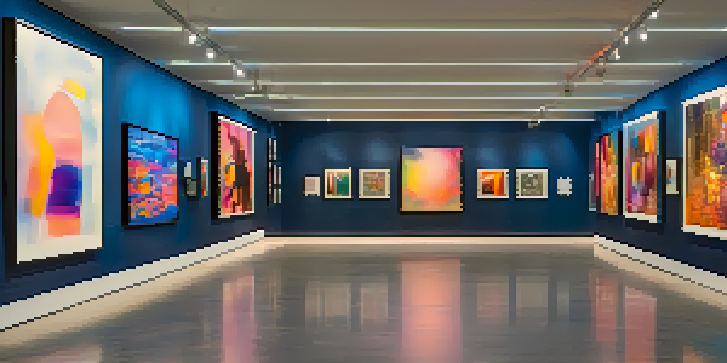 A digital art gallery filled with various NFT artworks illuminated by soft LED lights, with visitors exploring the vibrant displays.