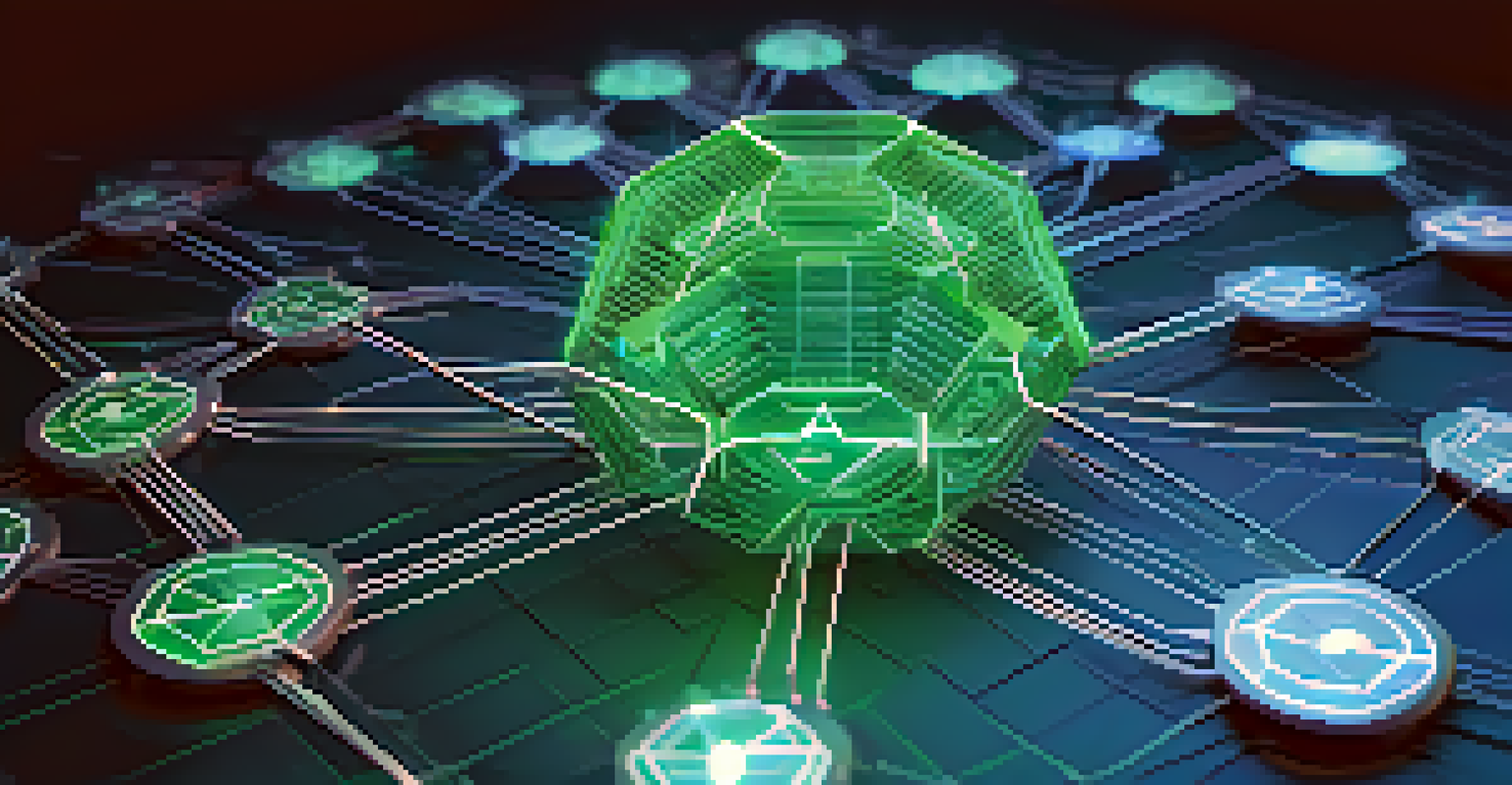 A close-up of a blockchain ledger with interconnected nodes and glowing transactions, against a blue and green background symbolizing technology.