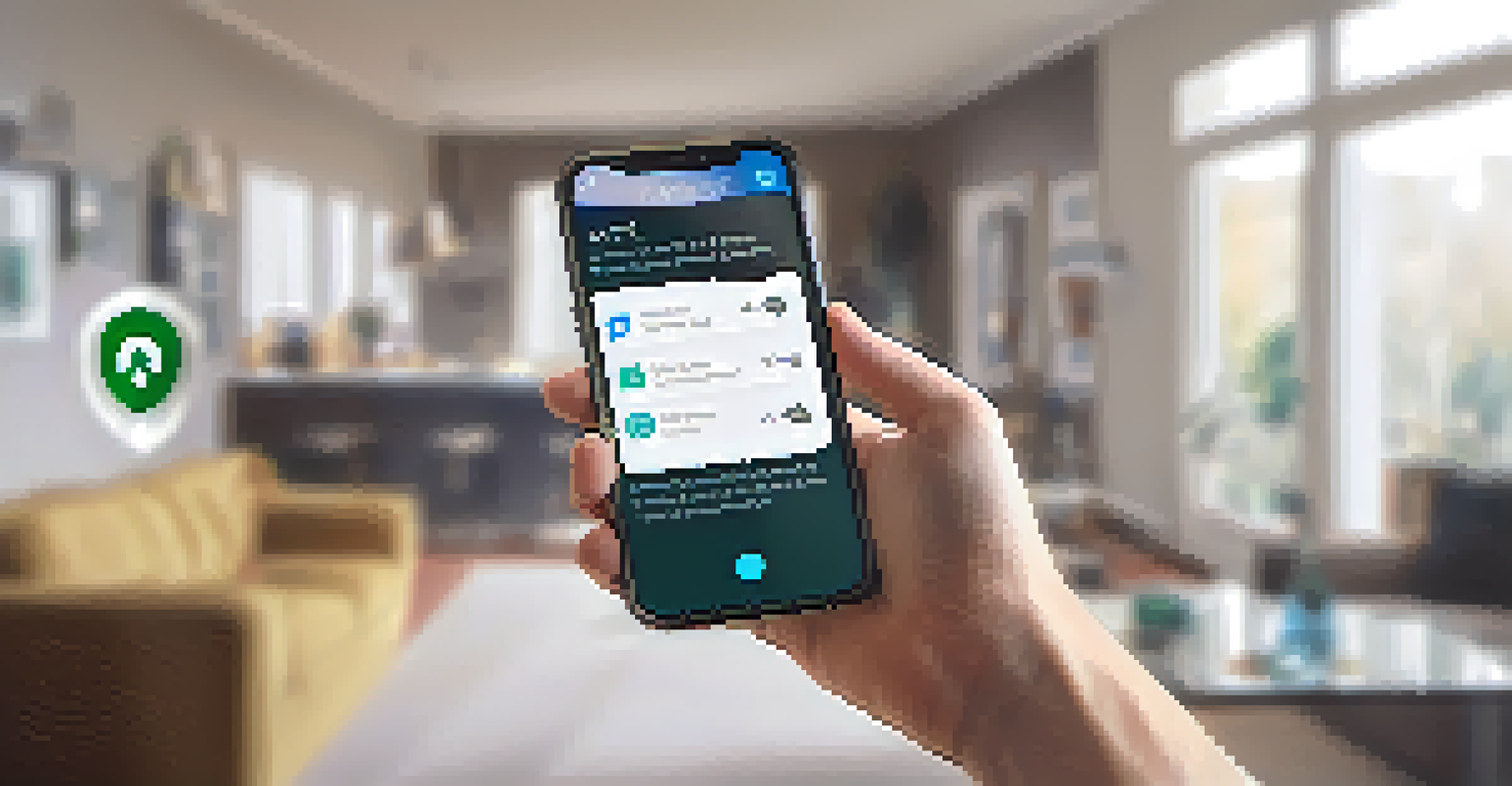 A close-up of a hand holding a smartphone displaying a security app for NFT safety practices in a softly blurred living room background.