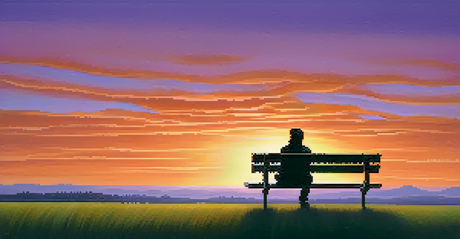 A silhouette of a person sitting on a bench in an open field during sunset, with soft orange and purple sky colors.