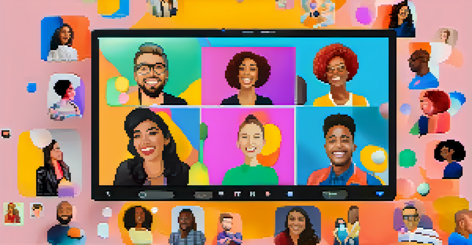A virtual meeting with artists and collectors discussing NFTs, featuring colorful chat bubbles.