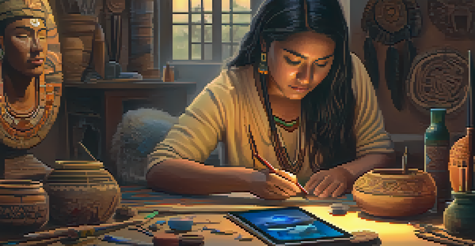 An Indigenous artist using a tablet to create digital art, surrounded by traditional artifacts, in a warmly lit environment.