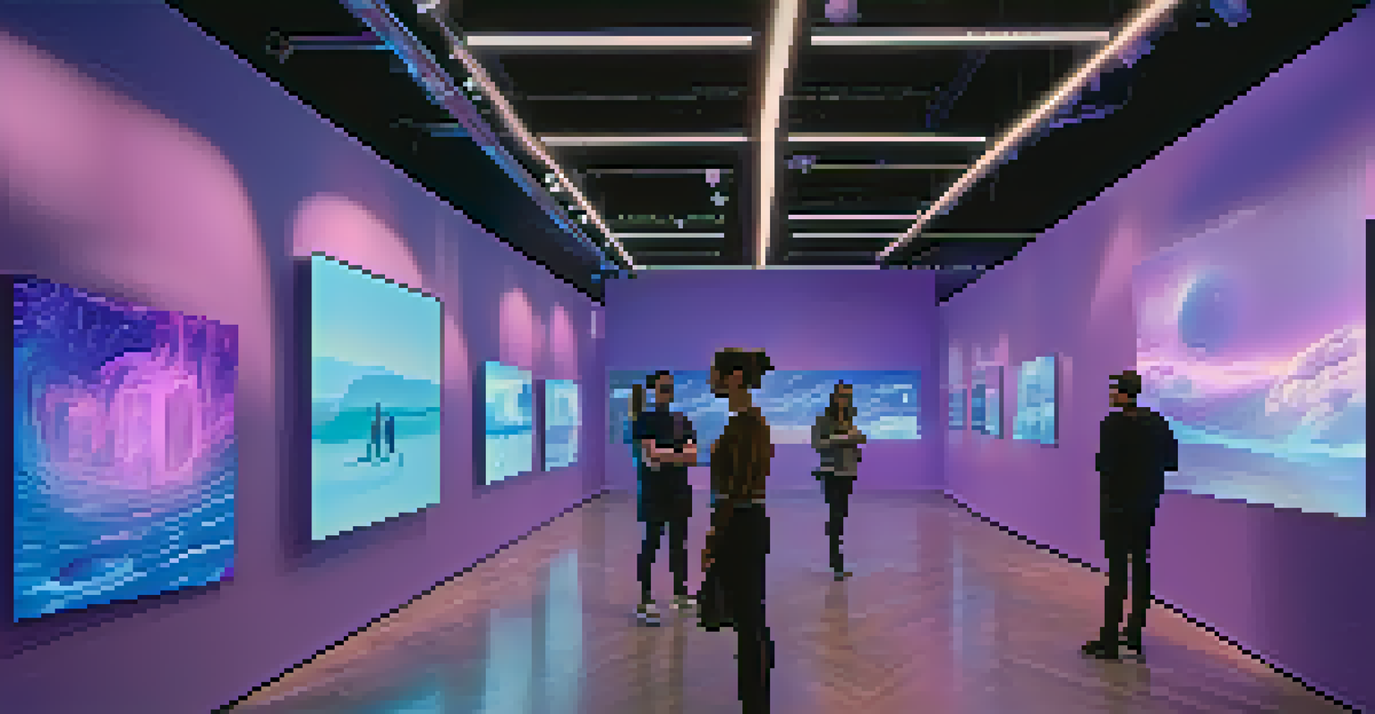 A futuristic virtual art gallery displaying unique digital art pieces in holographic format.