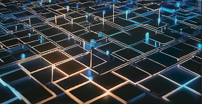 A detailed close-up of a blockchain network with interconnected blocks and glowing edges on a dark blue background.