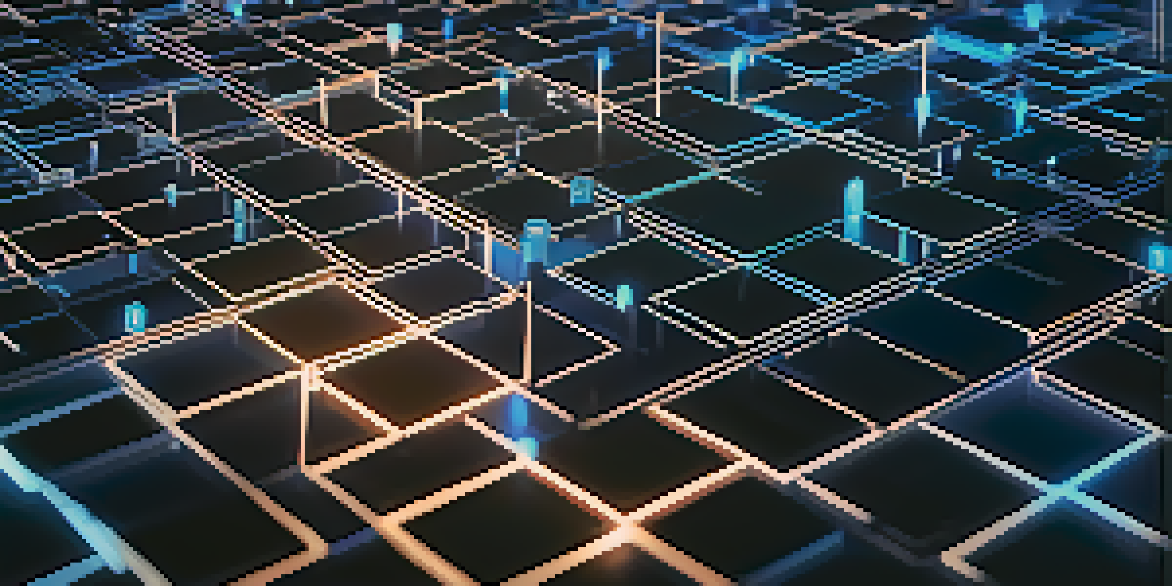 A detailed close-up of a blockchain network with interconnected blocks and glowing edges on a dark blue background.