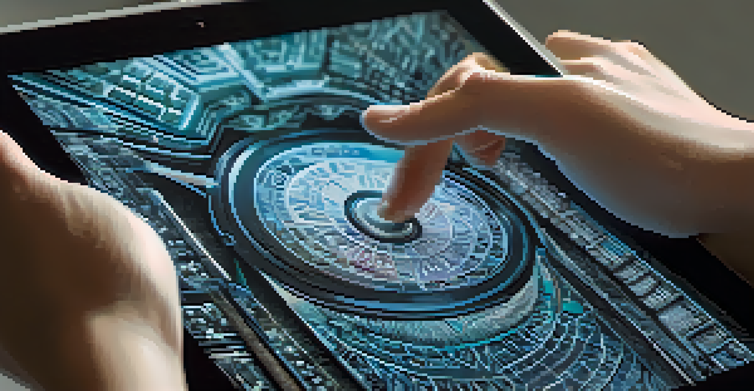 A close-up of a digital tablet displaying a unique NFT artwork, with a hand reaching out to interact with the screen.