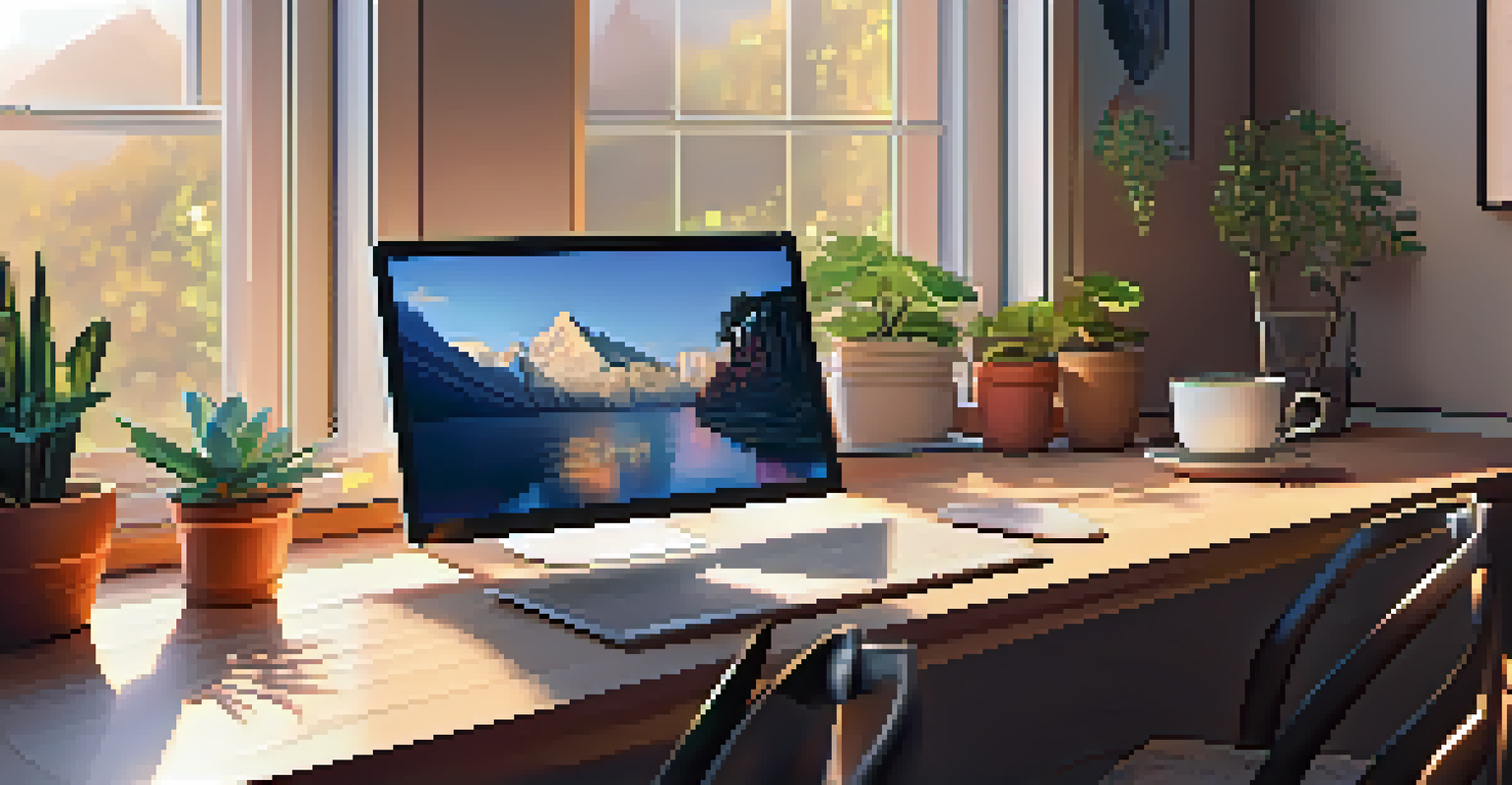 A cozy workspace with a laptop open to an NFT platform, surrounded by art supplies and natural light illuminating the vibrant digital artworks on the screen.