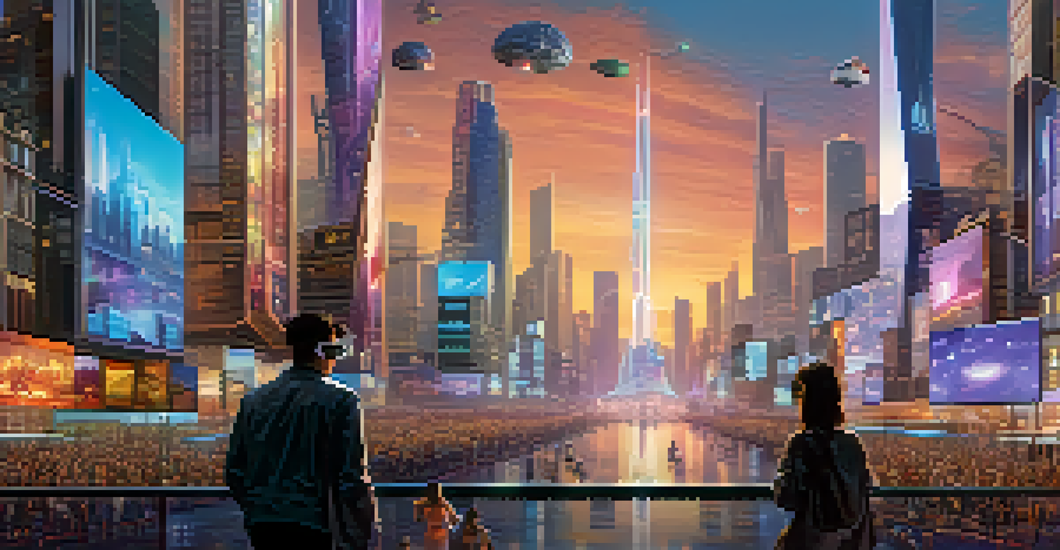 A futuristic city with people interacting with holographic NFTs in a vibrant urban setting.