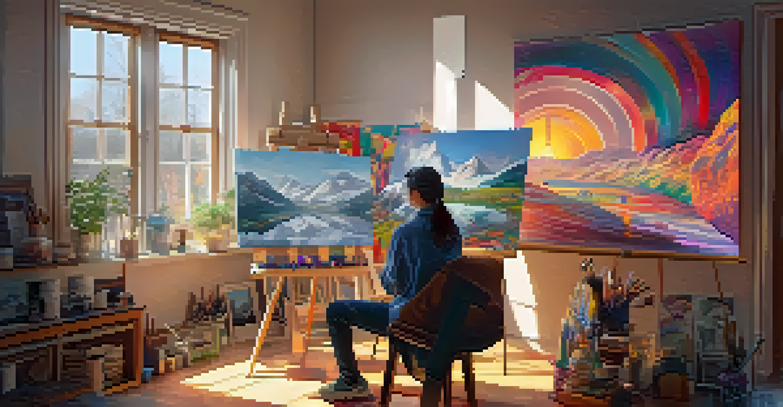 An artist in a cozy studio painting a canvas that transforms into a digital NFT on a screen.