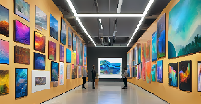 A vibrant digital art gallery filled with colorful abstract NFTs, illuminated by soft lighting, with visitors discussing and examining the artworks.