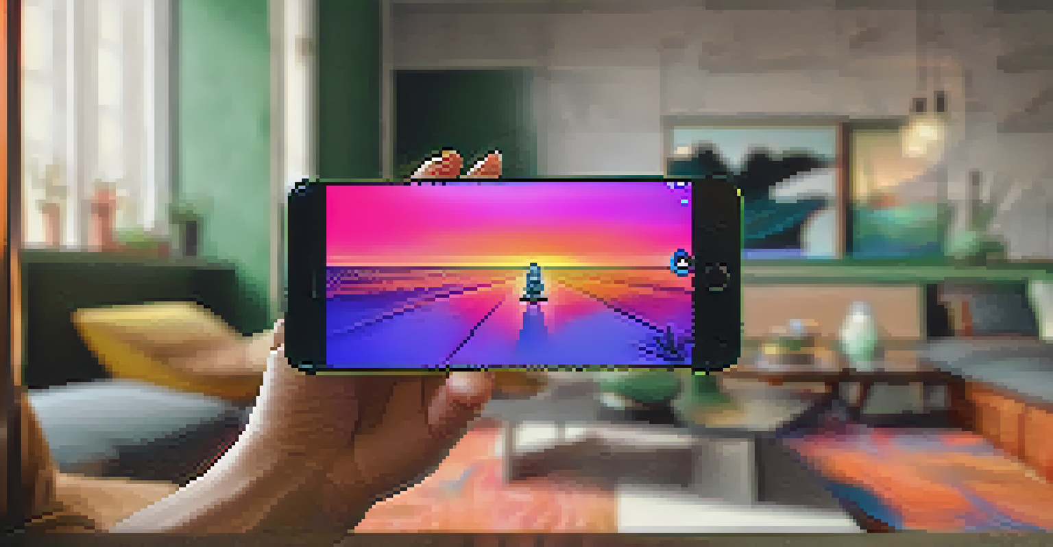 A hand holding a smartphone showing a colorful NFT artwork in a modern living room.