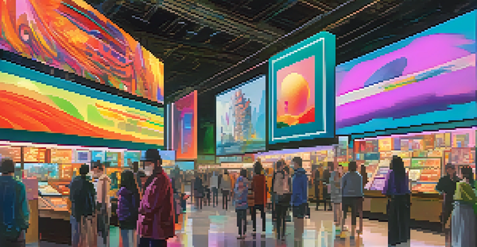 A colorful NFT marketplace filled with various digital artworks displayed on screens, with artists and collectors engaging in the environment.