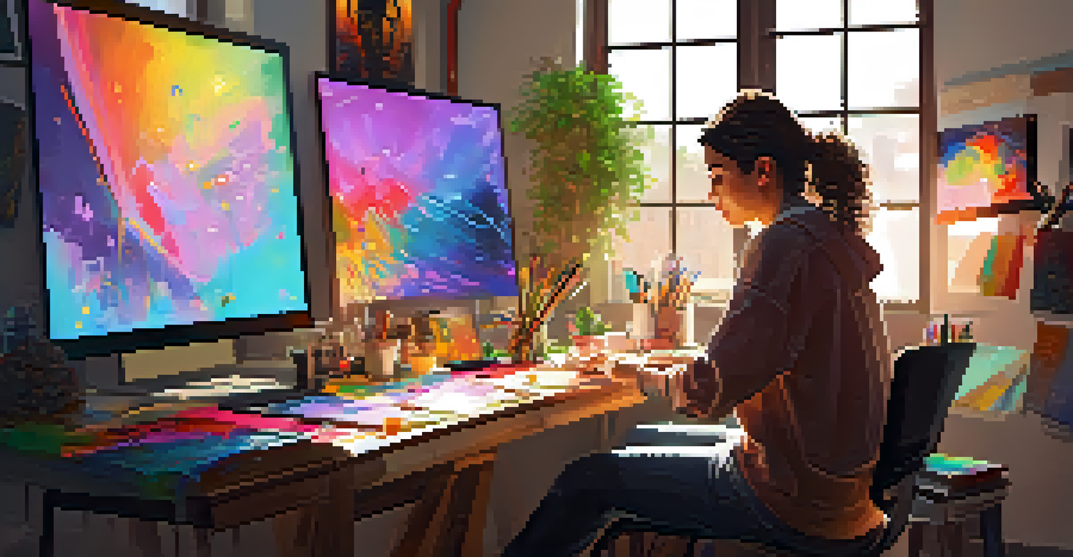 An artist at a digital workstation creating an NFT artwork, surrounded by colorful tools and sketches, with sunlight illuminating the space.