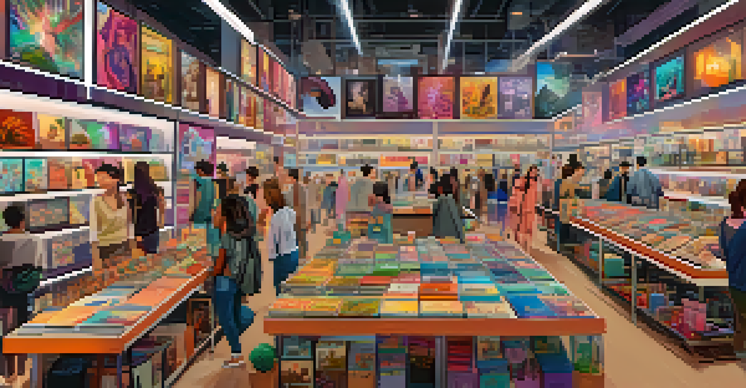 An online marketplace for NFTs, featuring avatars browsing through vibrant digital artworks and collectibles in a lively digital space.