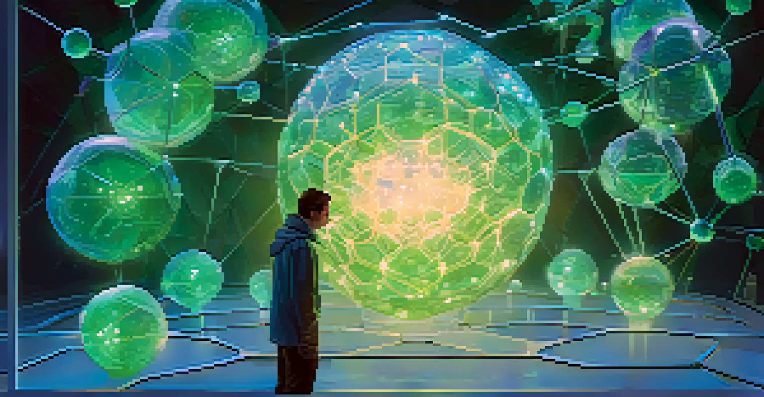 A researcher looking at a glowing molecular structure surrounded by floating digital tokens representing NFTs, with a soft blue and green color scheme.