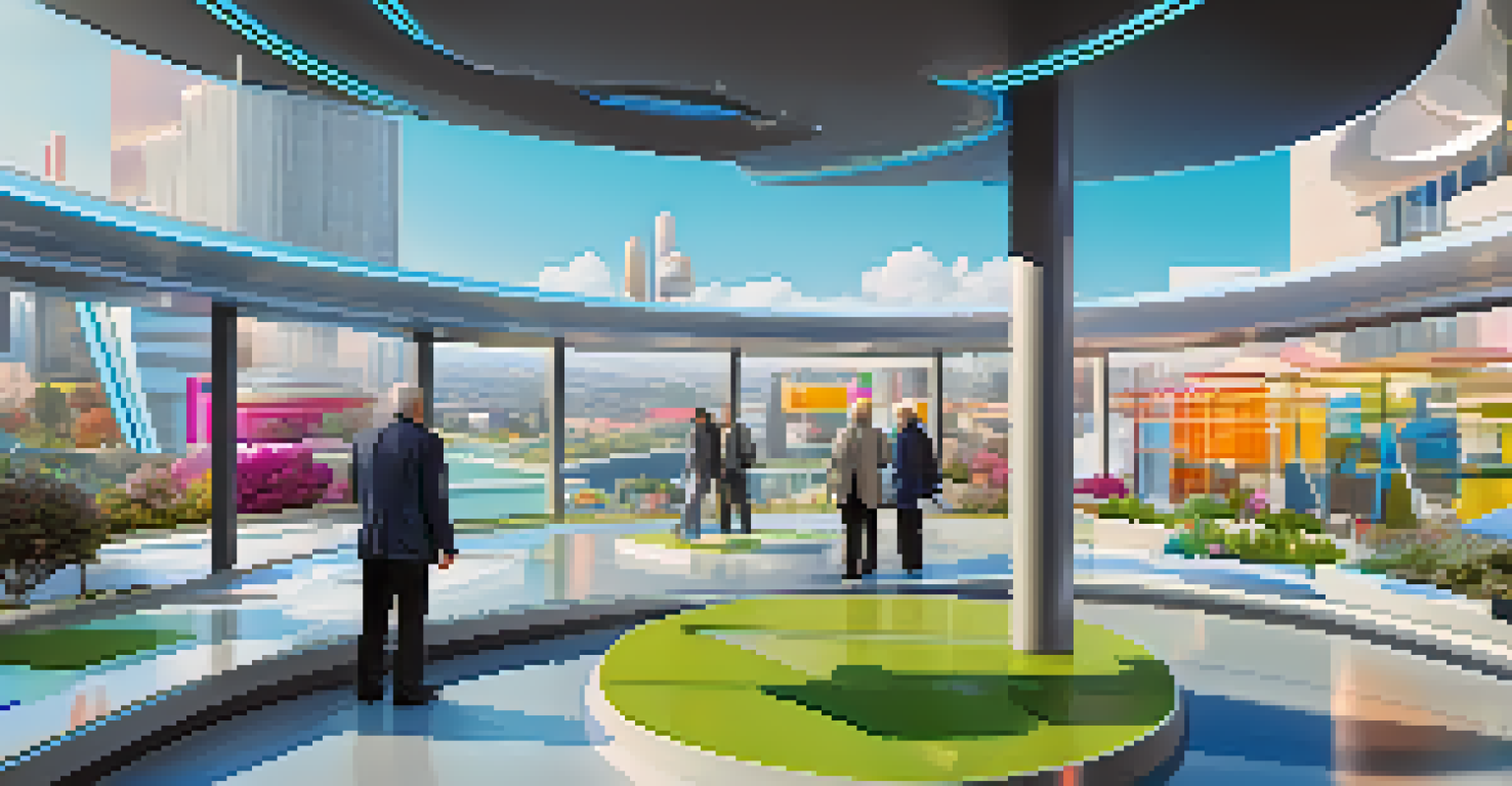 A futuristic virtual landscape showcasing digital real estate with avatars exploring colorful buildings and plots in the metaverse.