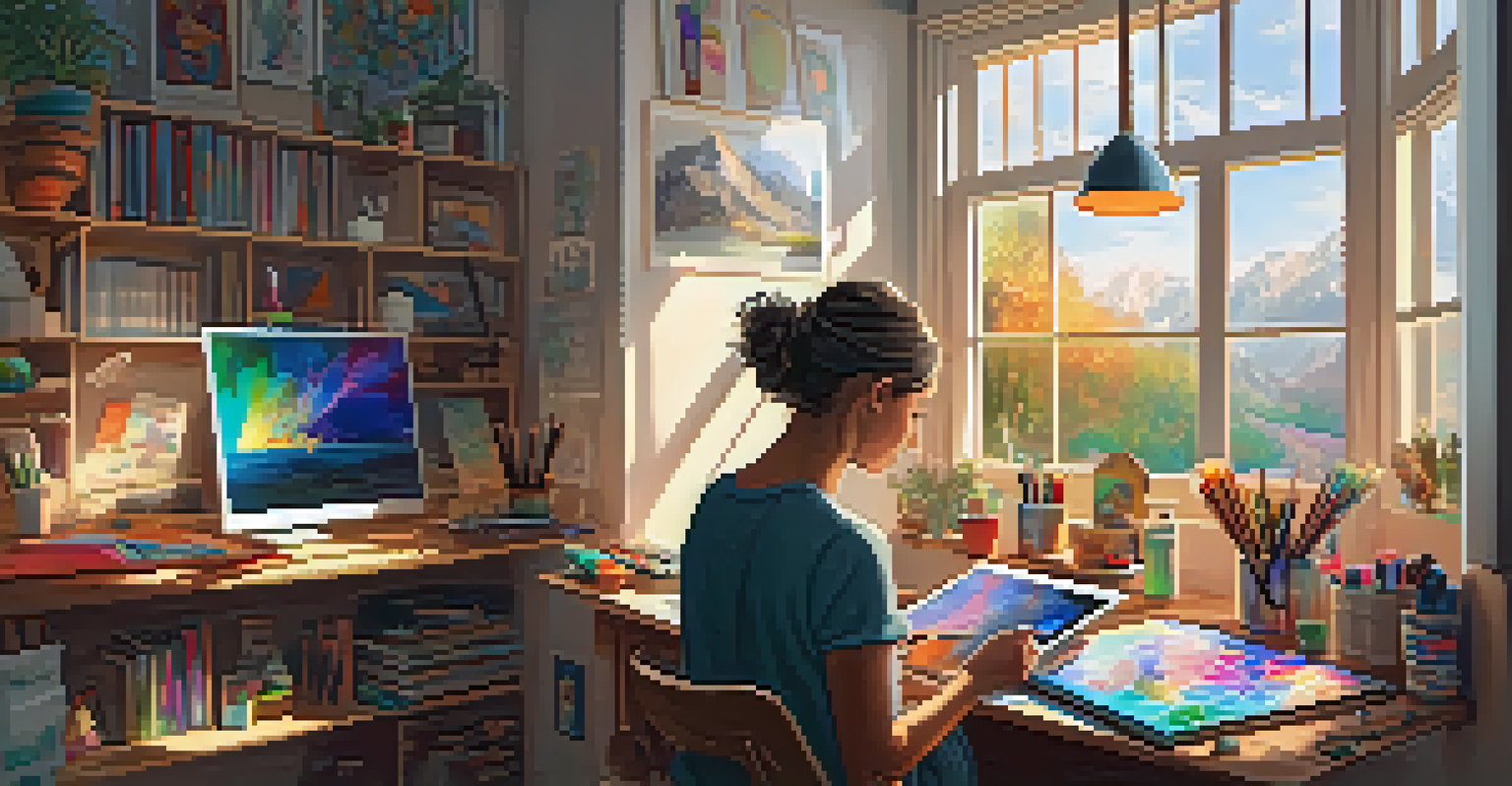 An artist creating a digital painting on a tablet in a cozy, well-lit workspace filled with art supplies.