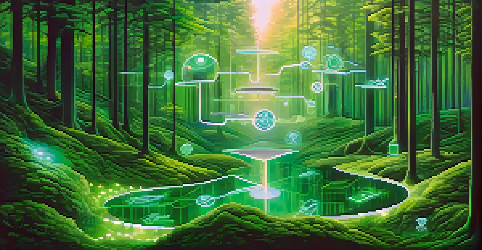 An artistic blend of a forest and digital elements, symbolizing the connection between nature and technology.
