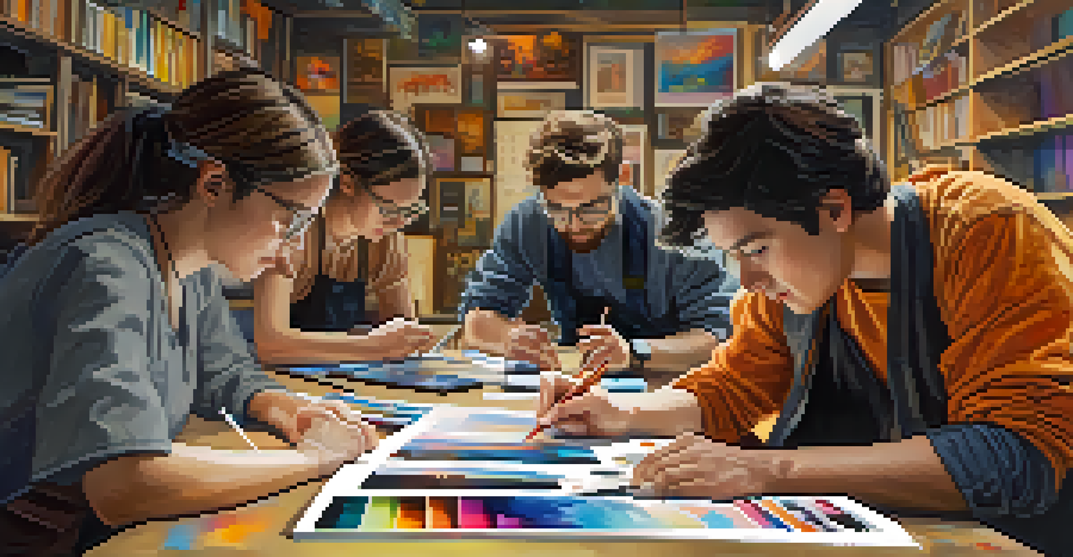 A group of diverse artists collaborating on a digital canvas, surrounded by creative tools and vibrant sketches.