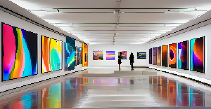 A digital art gallery with multiple screens displaying colorful NFTs, illuminated by soft lighting, with visitors observing the art.
