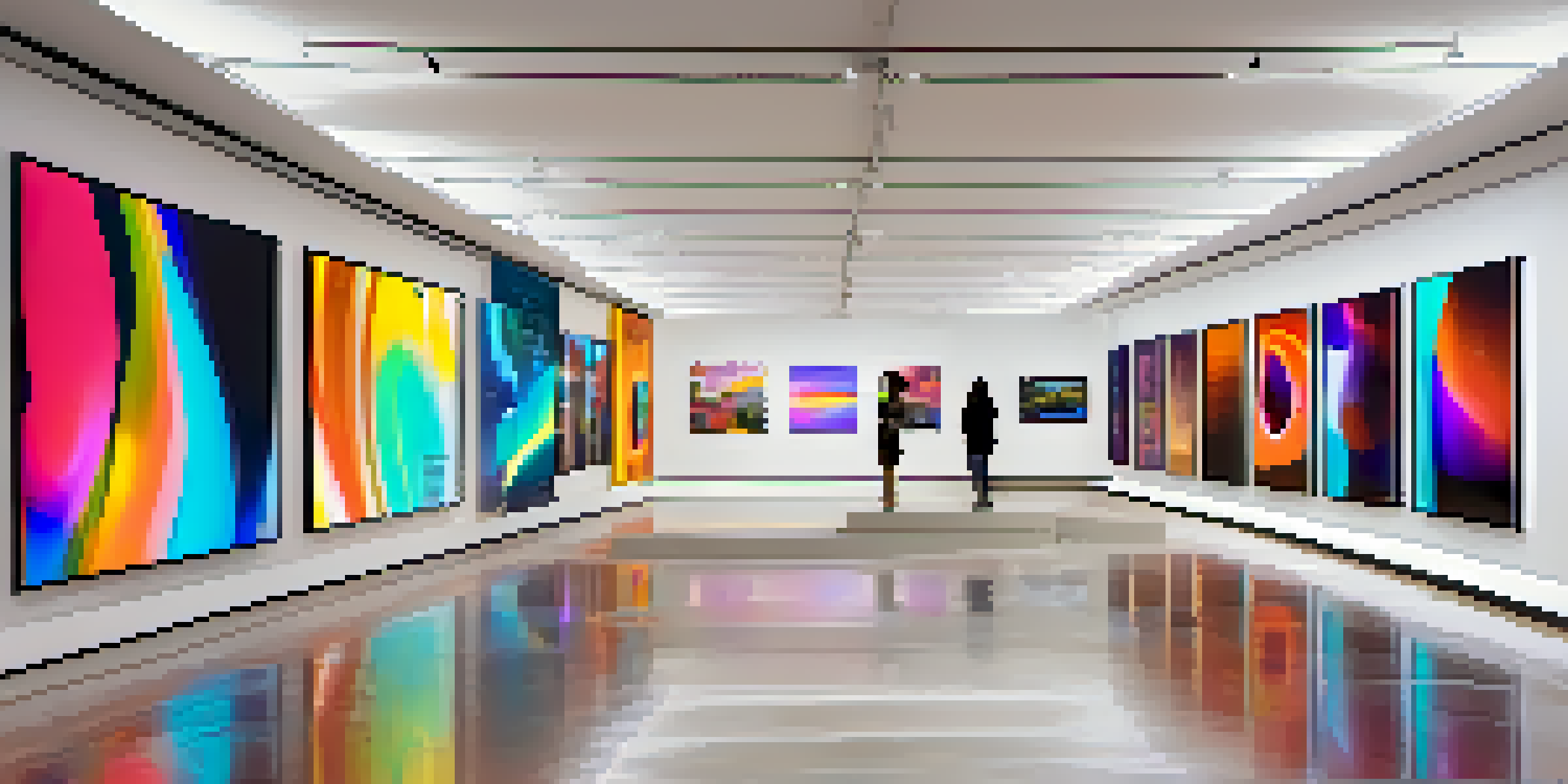 A digital art gallery with multiple screens displaying colorful NFTs, illuminated by soft lighting, with visitors observing the art.
